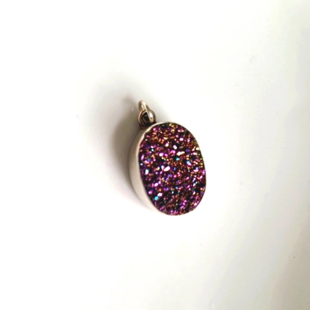Vintage Sterling Silver Bezel Purple Drusy Druzy Geode Quartz Crystal Pendant